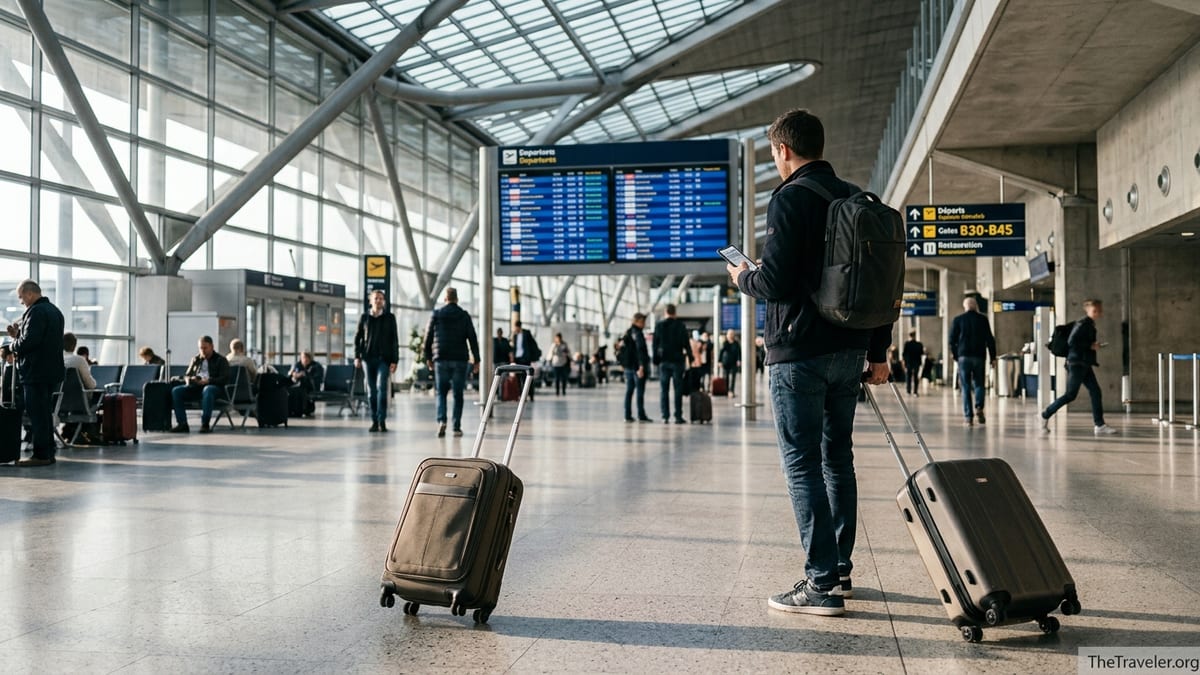Frequent traveler in a European airport terminal checking travel insurance on phone.