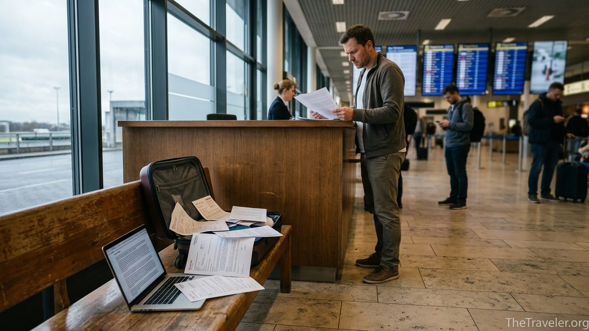Traveler in an airport hotel lobby studying travel insurance documents beside an open suitcase.