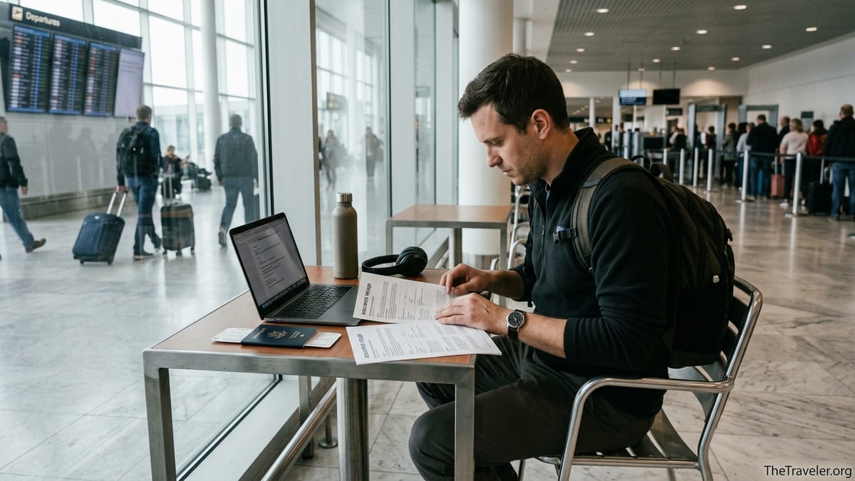 Traveler reviewing French travel insurance papers at an airport table before departure.