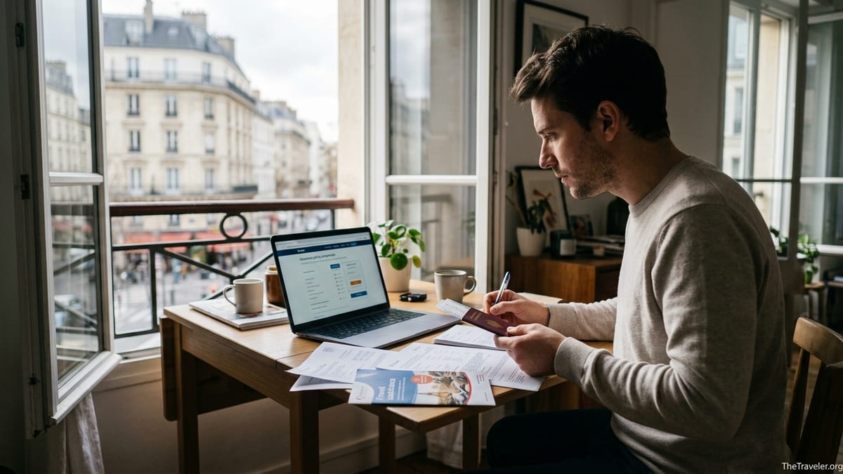 Traveler comparing travel insurance documents at a sunlit apartment table.