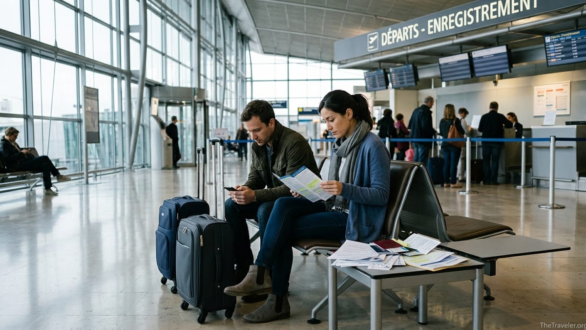 Couple reviewing travel insurance documents in a bright European airport terminal.