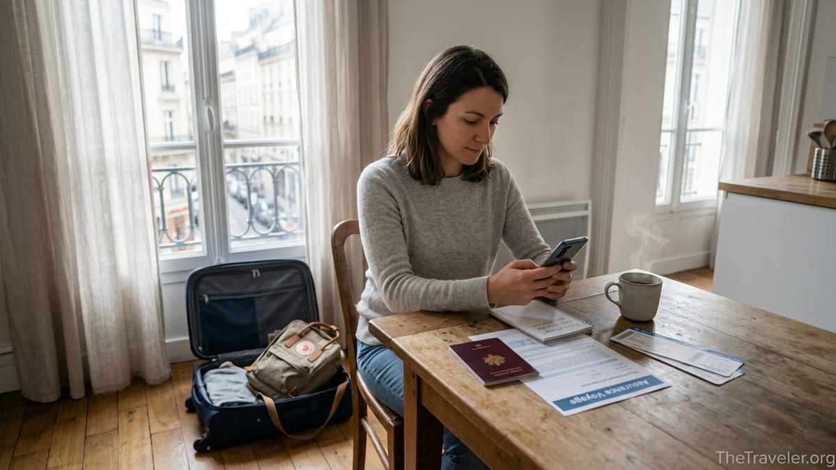 Traveler at a kitchen table organizing Mutuaide travel insurance documents before a trip.