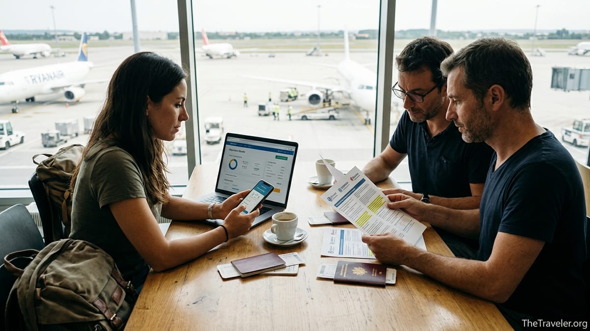 Travelers in an airport lounge comparing printed and digital travel insurance documents.