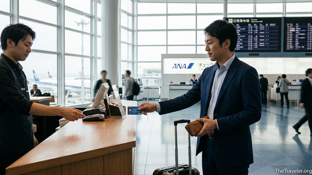 Business traveler paying with an ANA credit card at a café in Tokyo Haneda Airport.