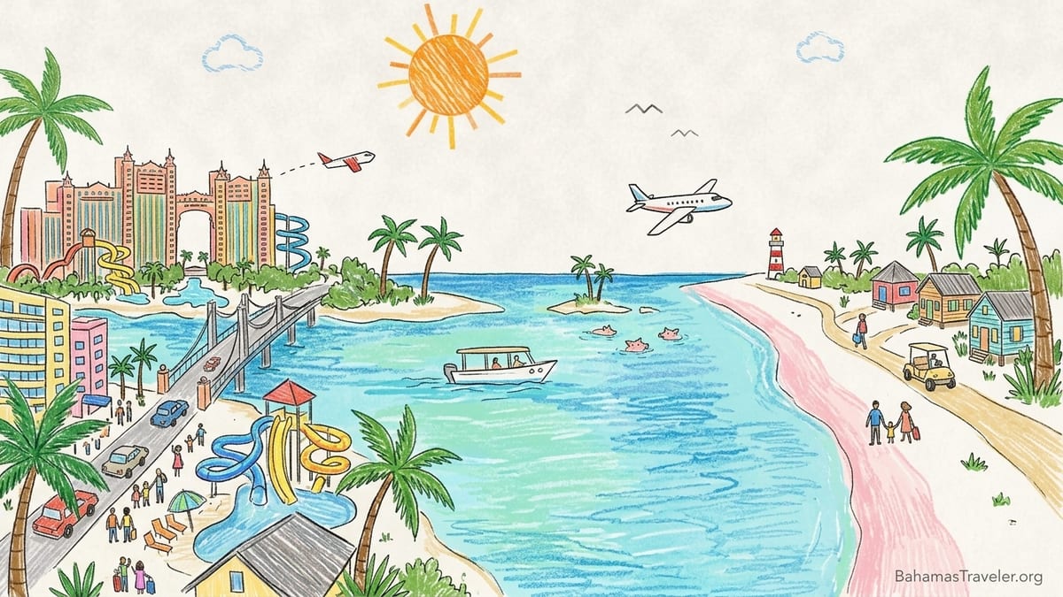 Traveler on a Bahamian dock with turquoise water, a small ferry, and an island-hopping plane in the distance.