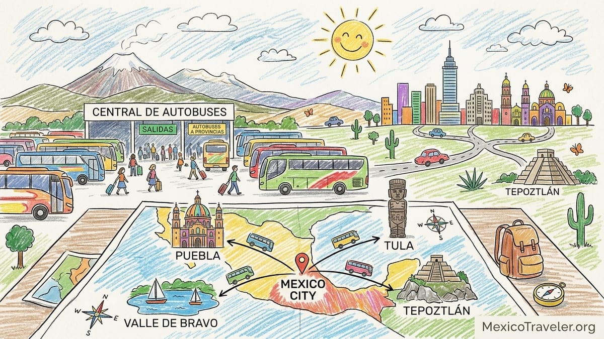 View of Cholula’s hilltop church and distant volcanoes at sunrise with a bus ticket in the foreground.