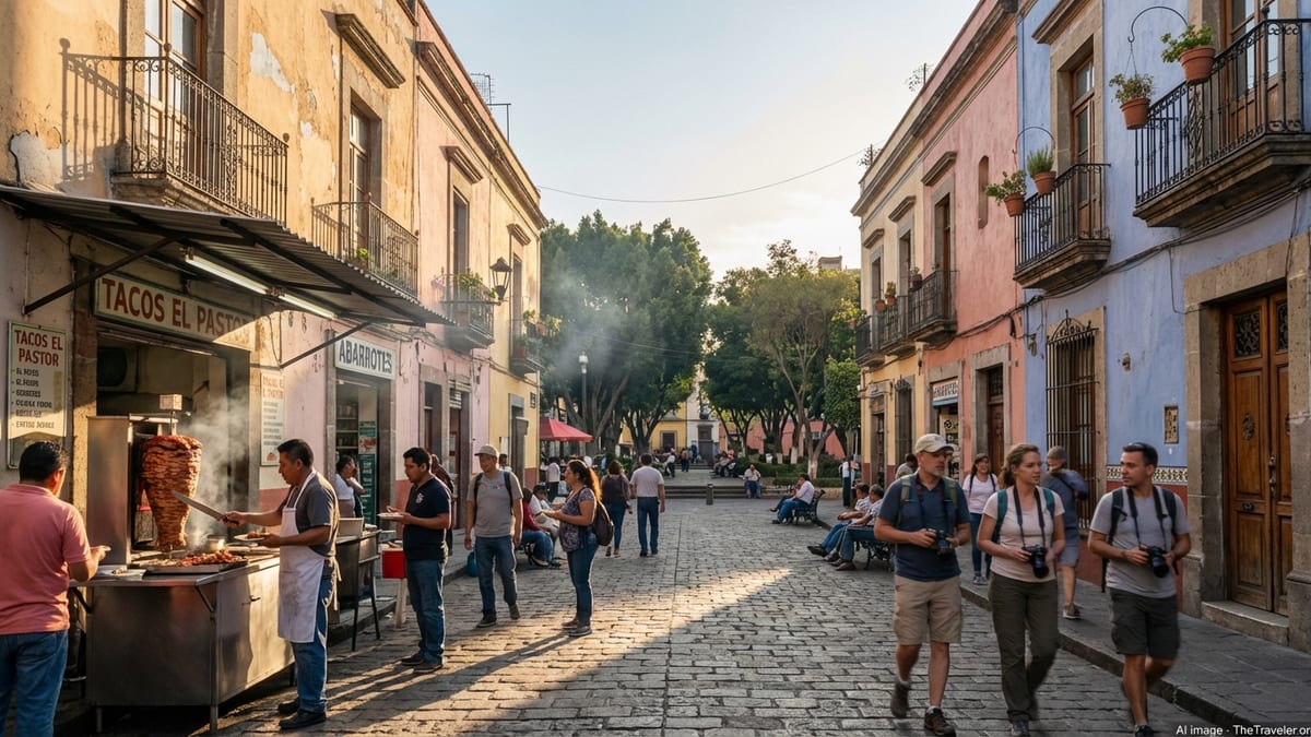 Busy Mexico City street at golden hour with locals, tourists and a taco stand by colorful historic buildings.