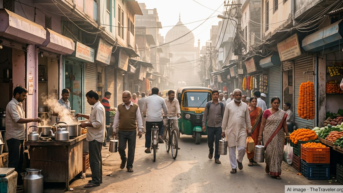 Busy morning street scene in Old Delhi with rickshaws, pedestrians and chai stalls in soft golden light.
