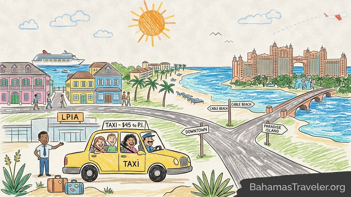 View across Nassau Harbor toward Paradise Island on a sunny day, with palms, taxis, and turquoise water.
