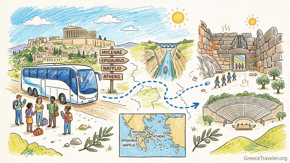 Travelers at the Lion Gate of Mycenae on a sunny day, pausing in the shade before entering the ancient citadel.