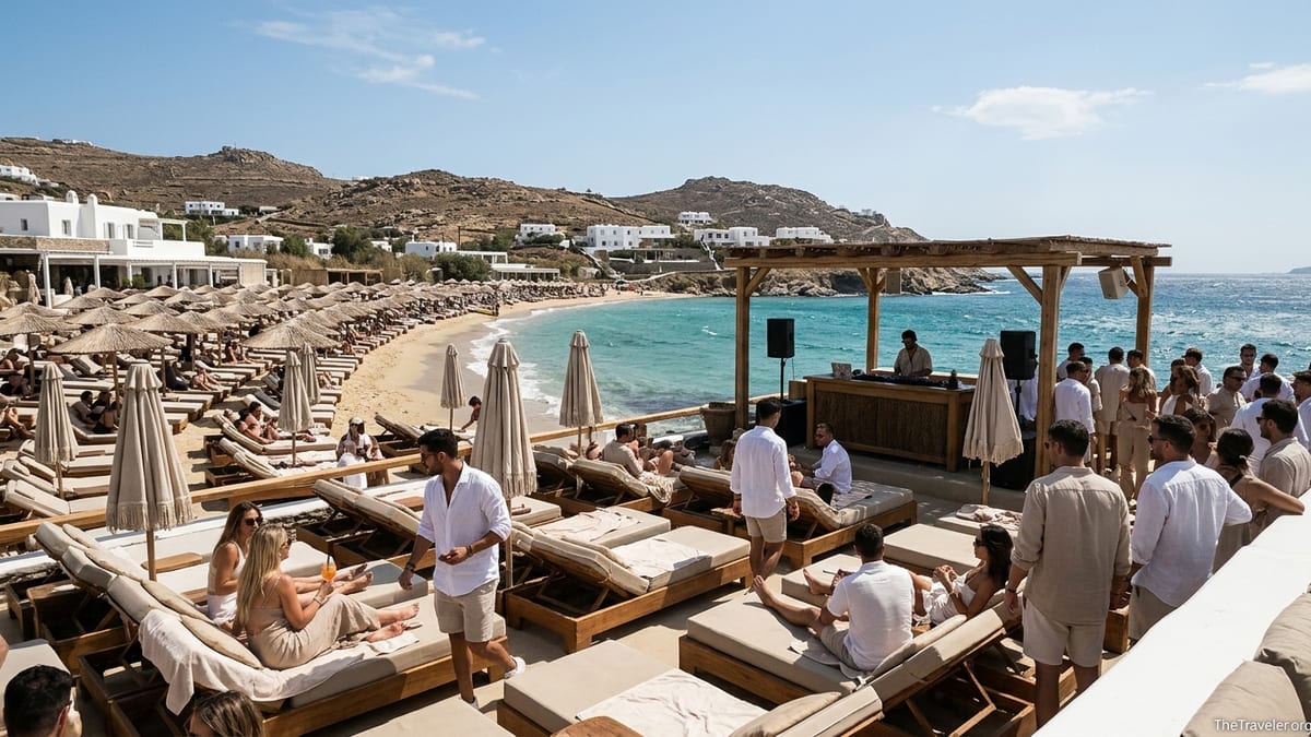 Busy Mykonos beach club with sunbeds, umbrellas and people by a turquoise bay on a sunny day.