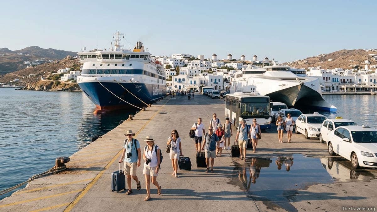 Travelers with luggage disembark ferries at Mykonos New Port with town in the background.