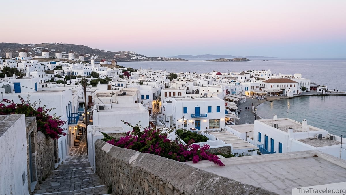 Early morning view over whitewashed Mykonos Town, windmills and harbor on a calm Aegean Sea.