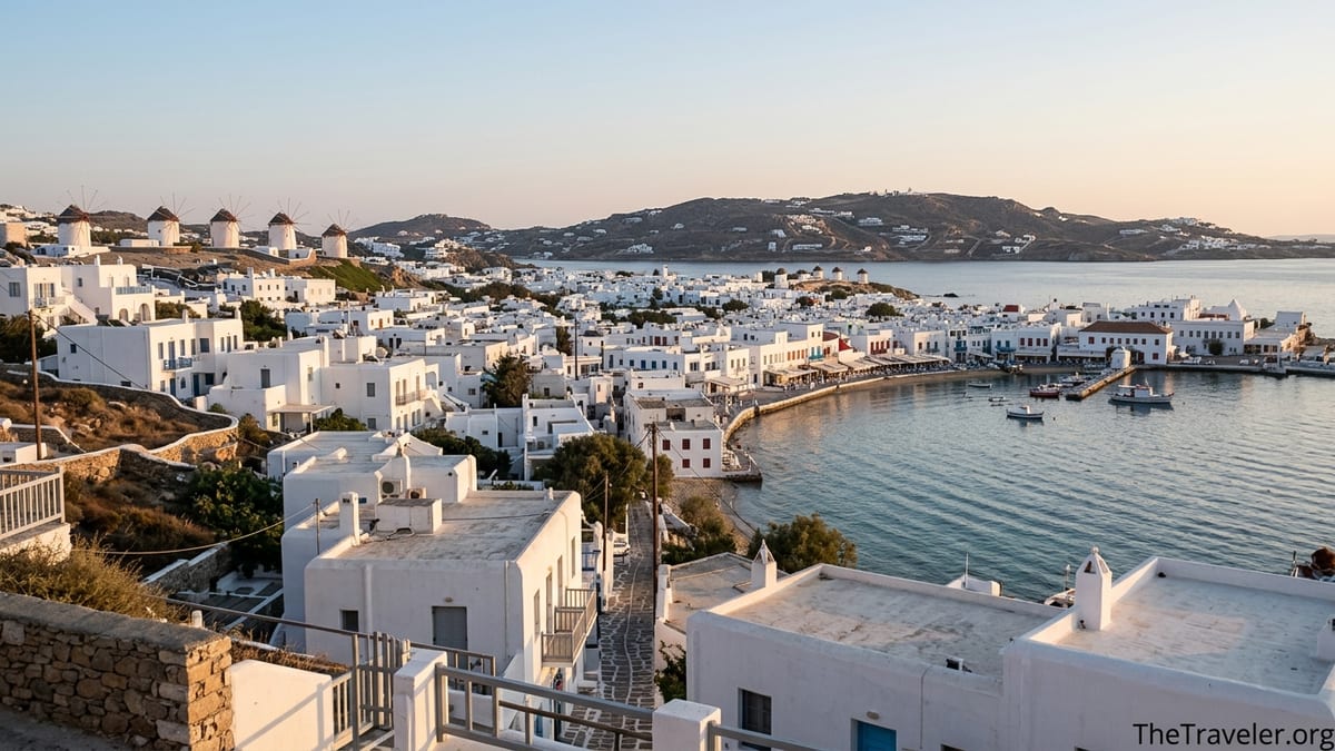 View over Mykonos Town with windmills and Little Venice at sunset above the Aegean Sea.