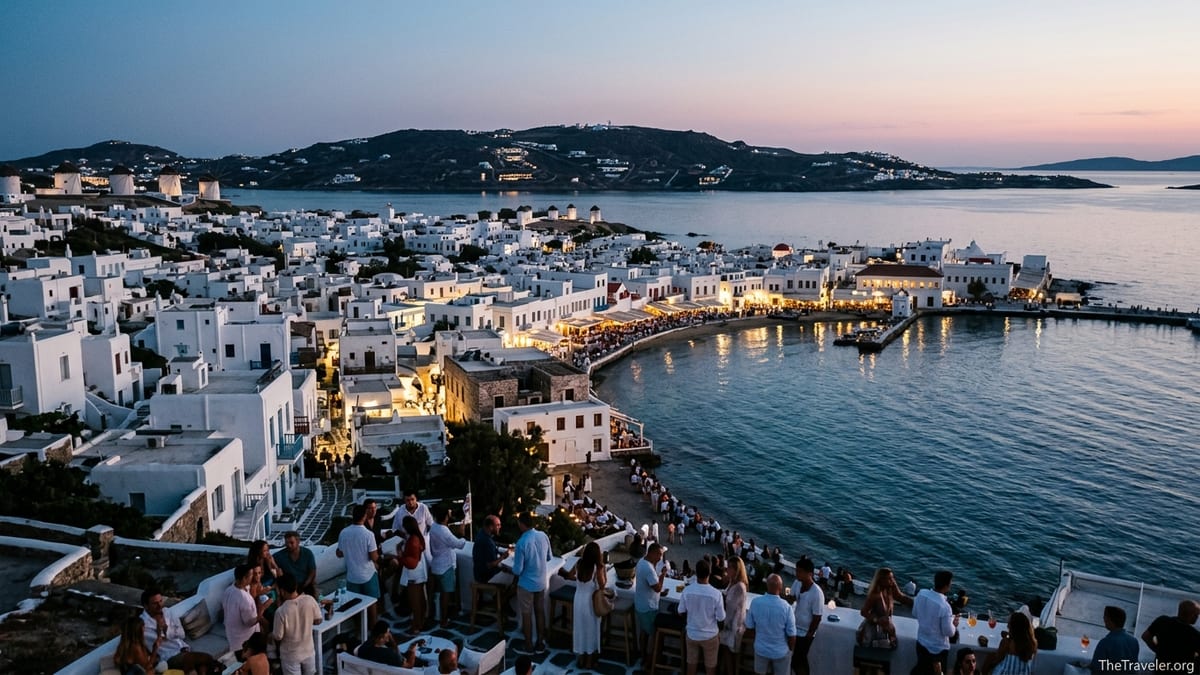 Evening view over Mykonos Town and Little Venice with sunset lights and busy waterfront bars.