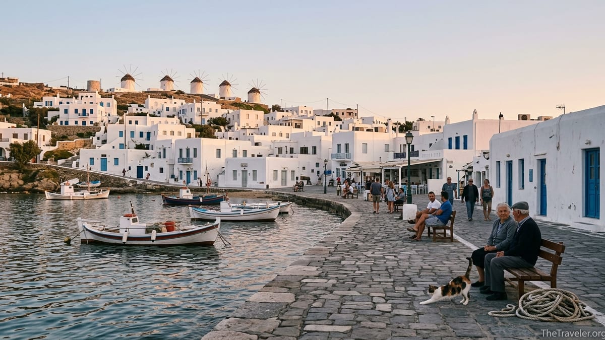 Evening harbor view of Mykonos Town with windmills, fishing boats, and quiet waterfront promenade.