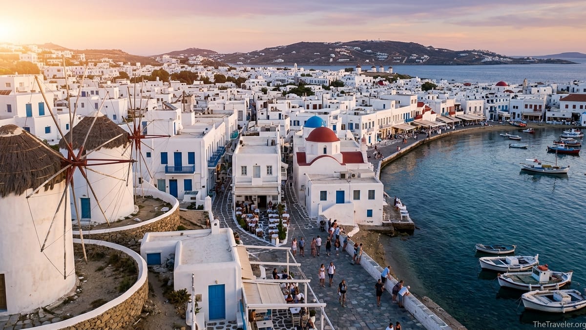 Early evening view over whitewashed Mykonos Town toward Little Venice and the calm Aegean Sea.