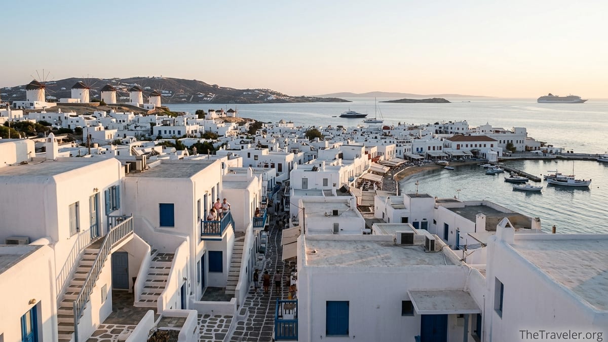 Golden hour view over whitewashed Mykonos Town and its harbor with windmills and the Aegean Sea.
