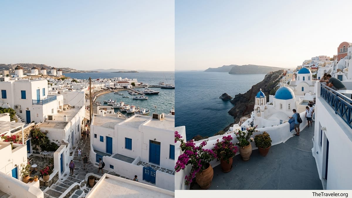 Cliffside Cycladic town with white houses, windmills and blue-domed churches above the Aegean Sea at golden hour.