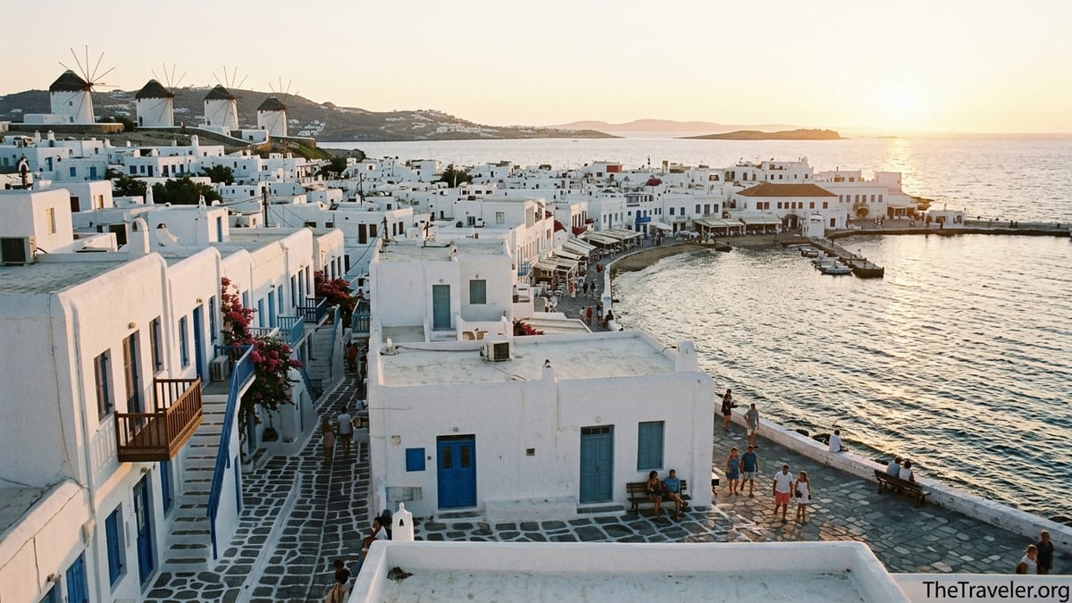 Golden hour view over whitewashed Mykonos Town and its harbor as people watch the sunset.