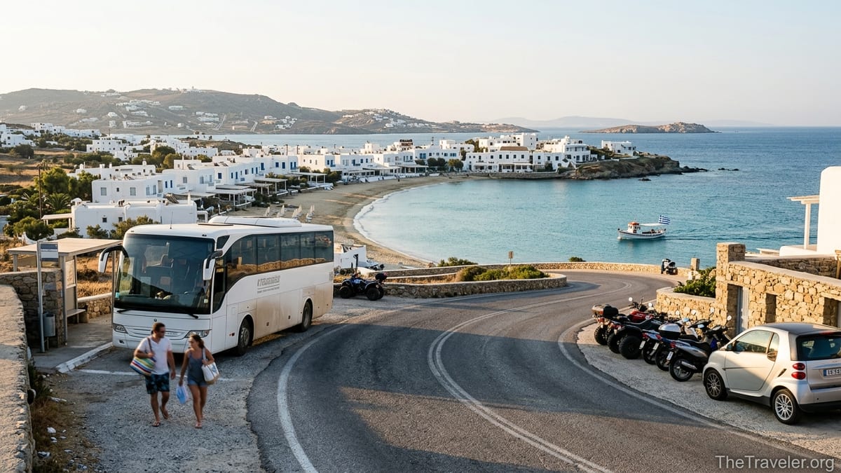 Morning view over Platis Gialos in Mykonos with bus, scooters and water taxi along the beach road.