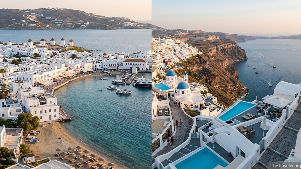 Aegean view comparing low white Mykonos town with sandy beach and Santorini’s cliffside caldera villages at sunset.