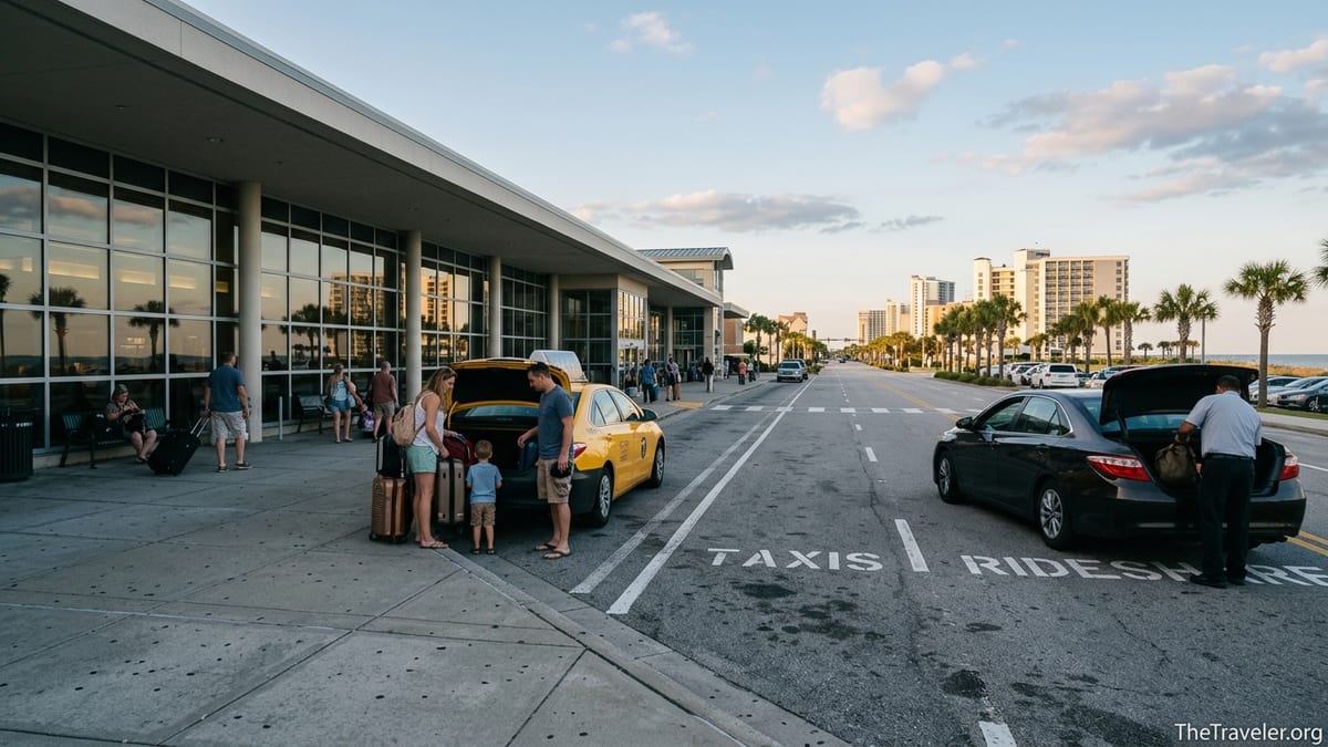 Taxi and rideshare cars picking up travelers at Myrtle Beach airport curb at sunset.