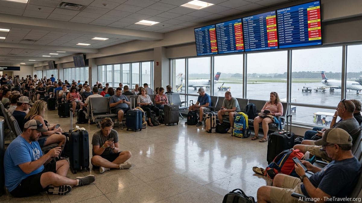 Crowded Myrtle Beach airport gate with passengers waiting amid flight delays and cancellations.