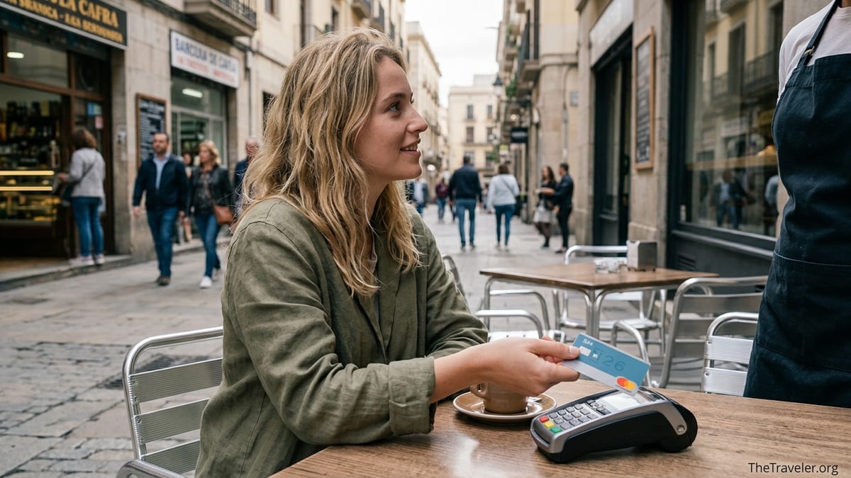 Traveler paying at an outdoor café abroad with an N26 card and contactless terminal.