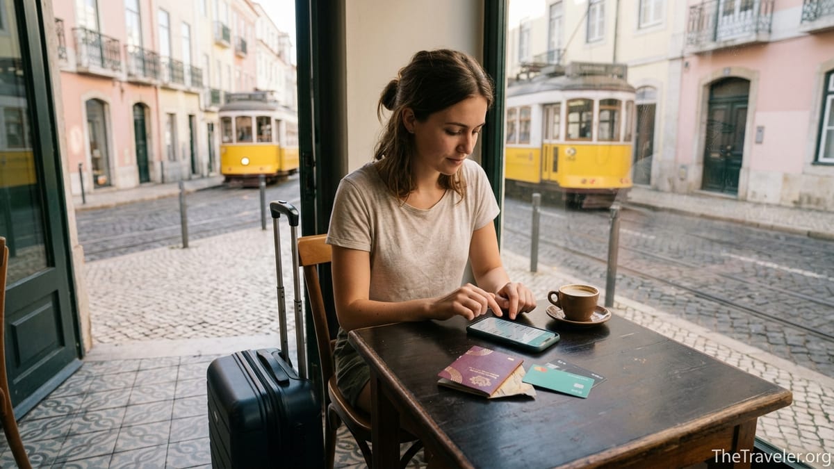 Traveler in a European café using a banking app and card while preparing for a trip.
