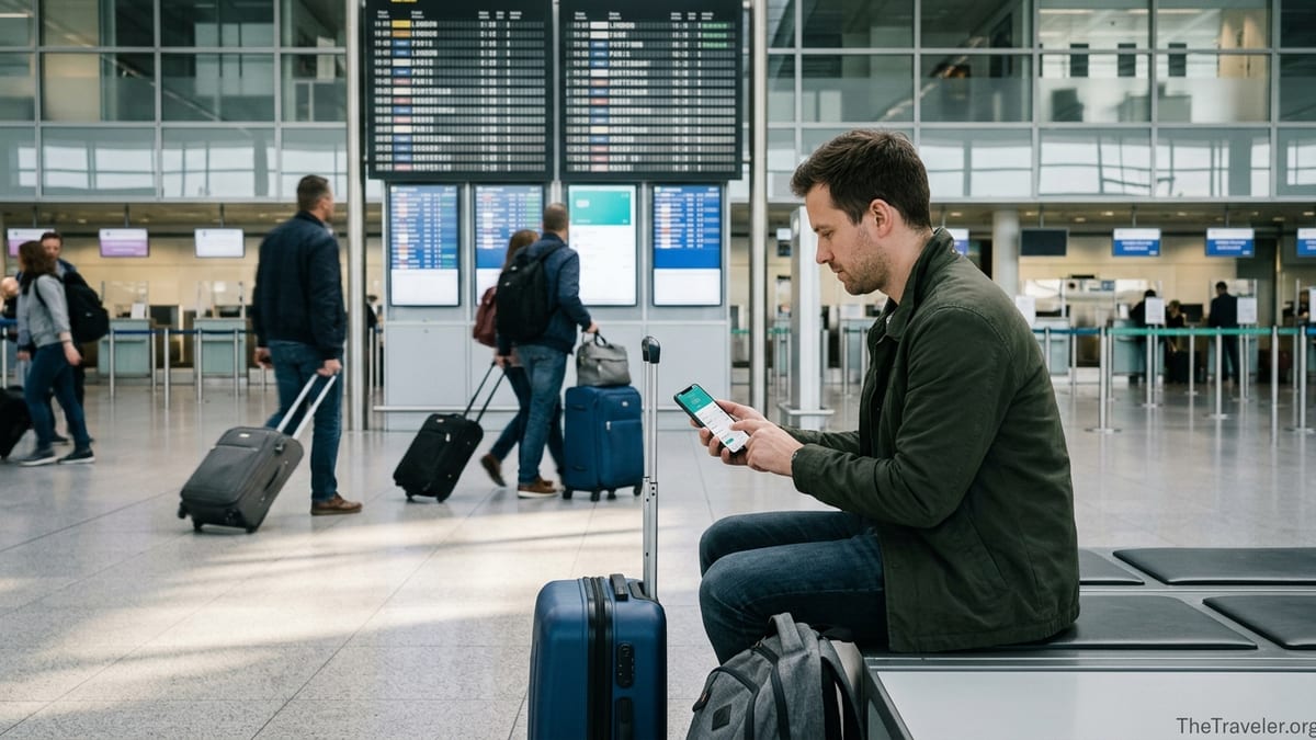 Traveler in a European airport checking a mobile banking app before a flight