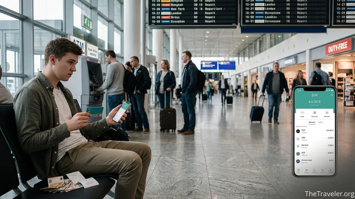 Traveler in an airport checking an N26 card and phone beside ATM receipts and foreign cash.