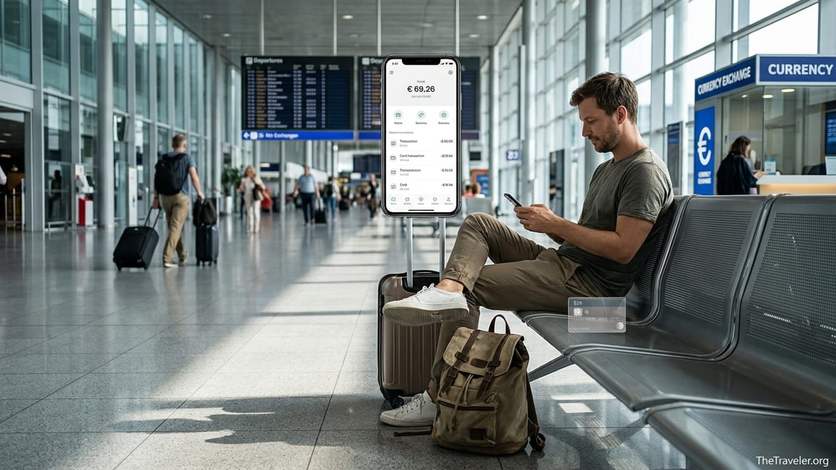 Traveler in a modern airport checking a mobile banking app next to carry-on luggage.