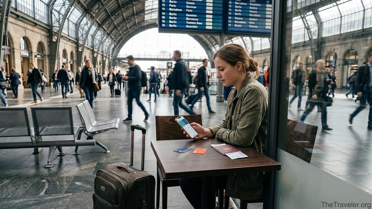 Traveler comparing two banking apps on a phone at a busy European train station café.