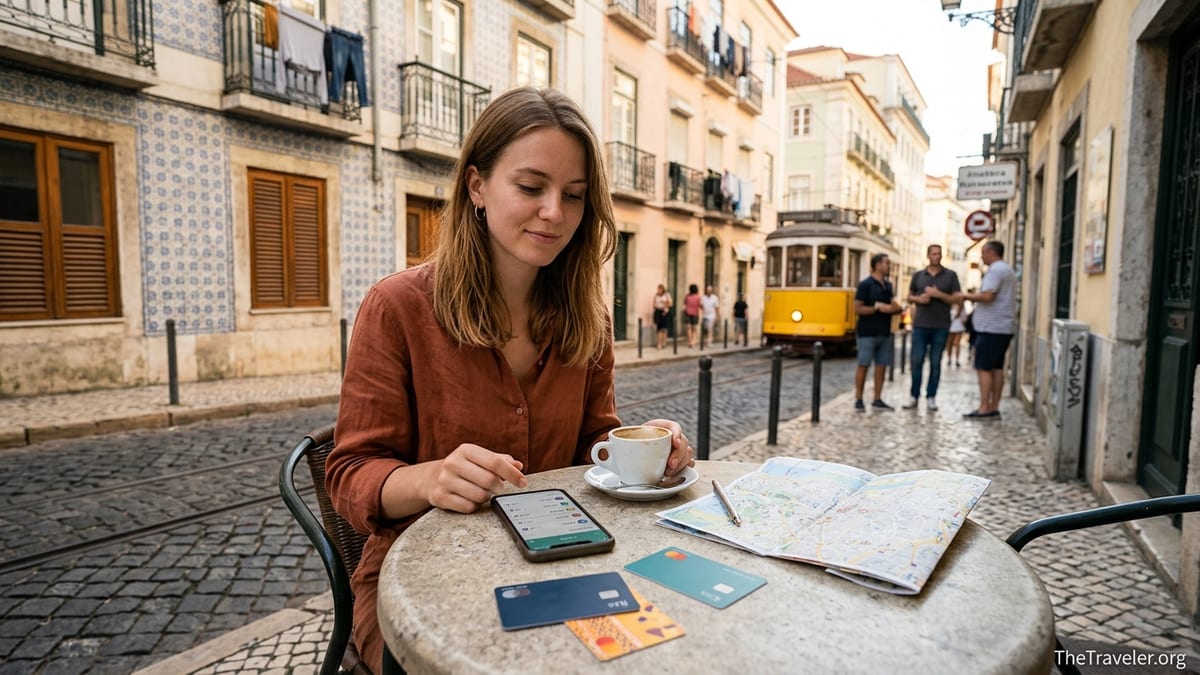 Traveler at a Lisbon café using a smartphone and multiple travel bank cards.