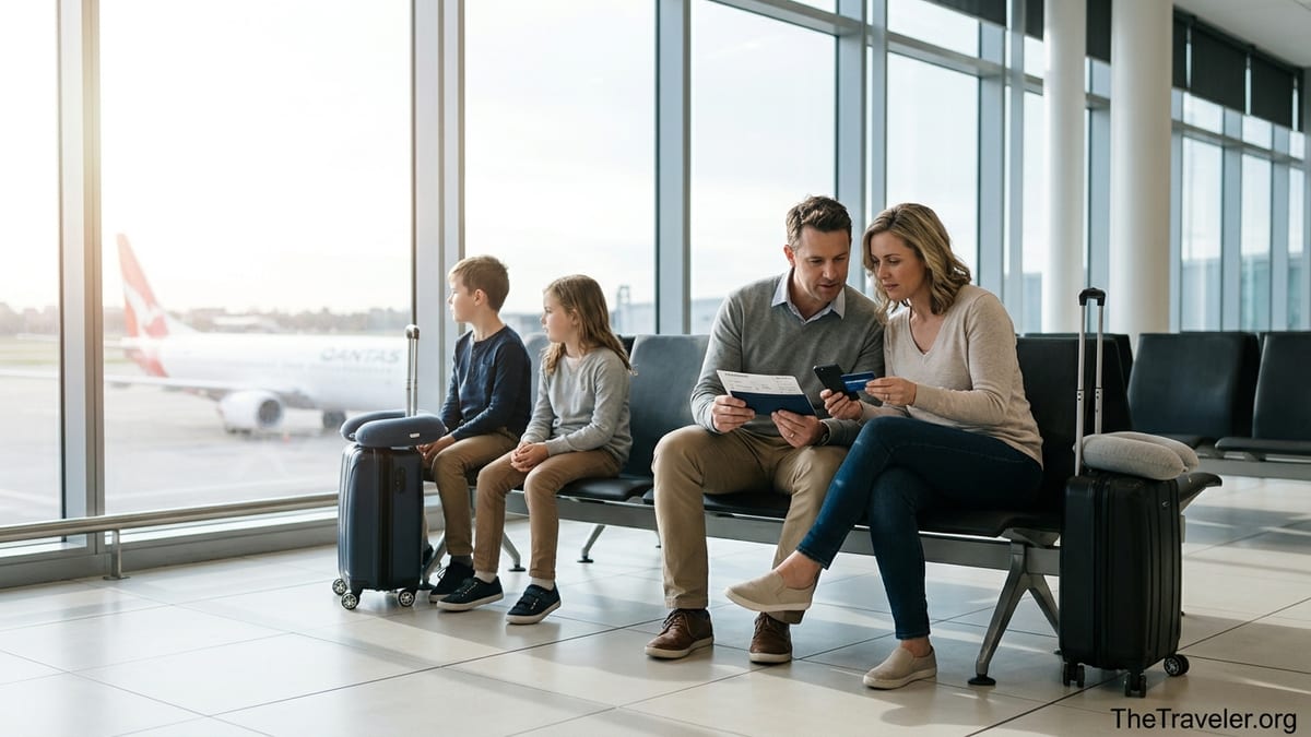 Australian family sitting in an airport lounge with Qantas plane outside the window.
