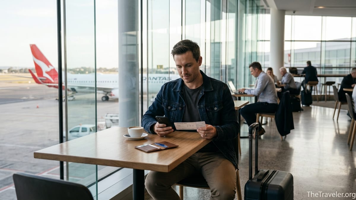 Traveller in a Qantas airport lounge checking phone with credit card and plane outside window.