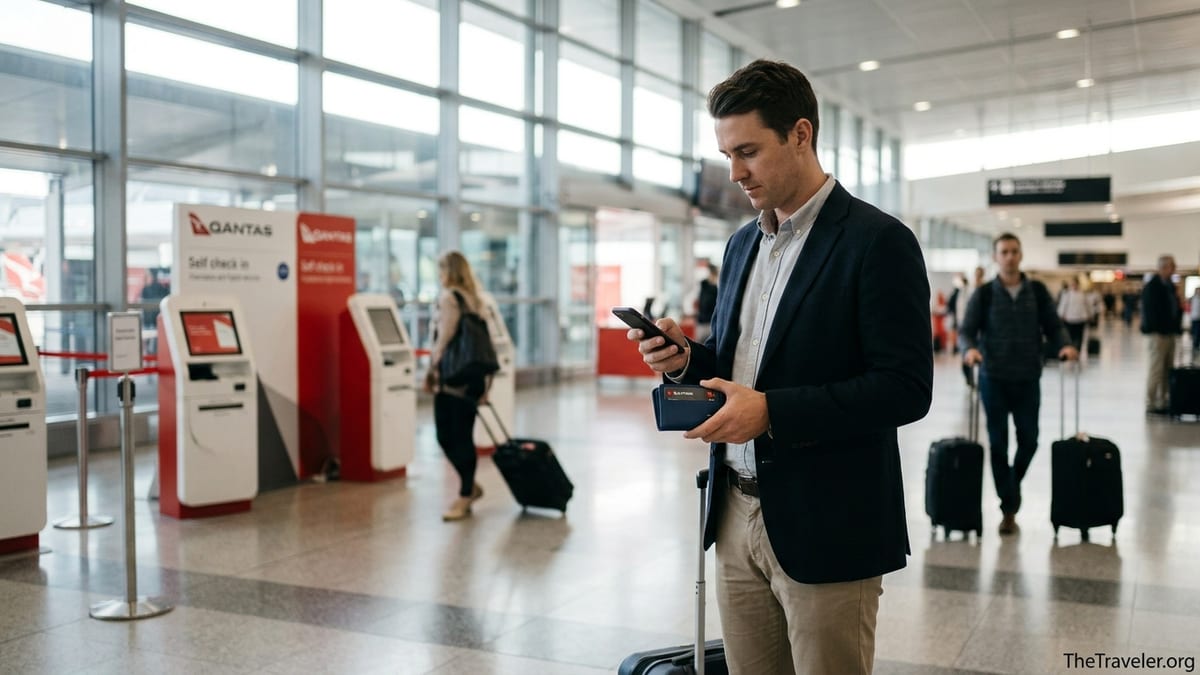 Traveller at Qantas check-in holding a NAB Qantas credit card in a busy airport terminal.