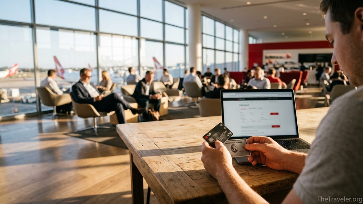 Traveller comparing two Australian travel credit cards in a Qantas airport lounge.
