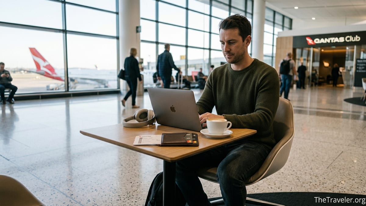 Traveller in an Australian airport lounge with wallet, credit cards and Qantas boarding pass on table.