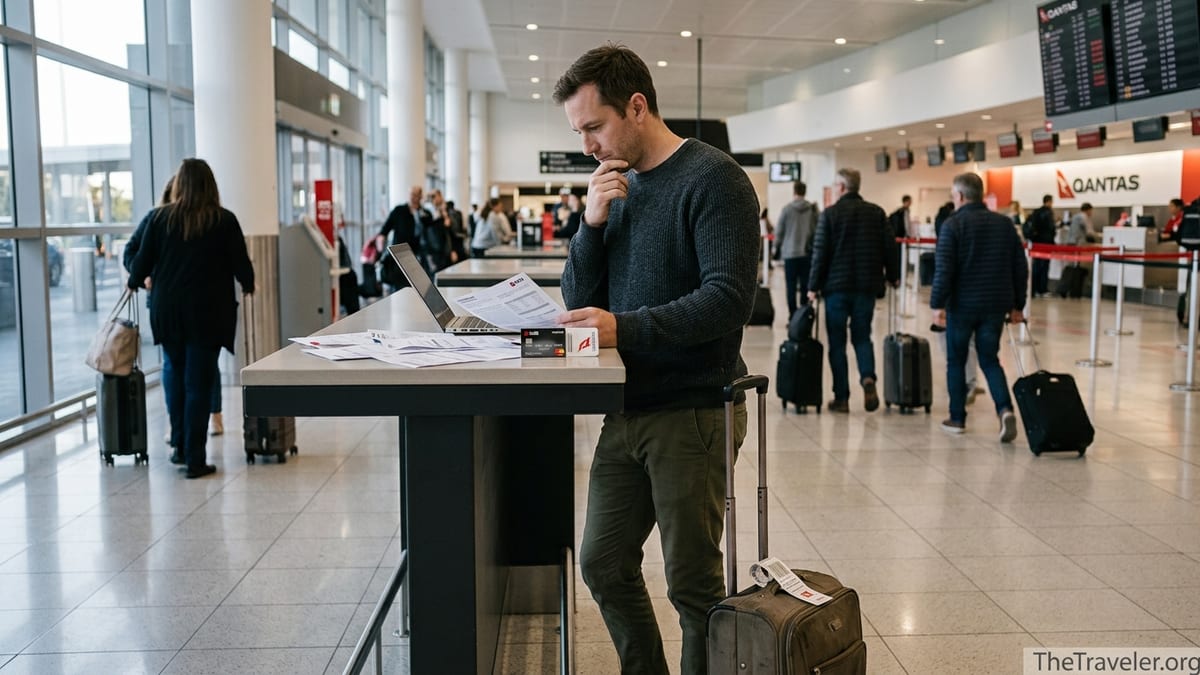 Traveller at an Australian airport reviewing credit card statements near a Qantas check-in area.