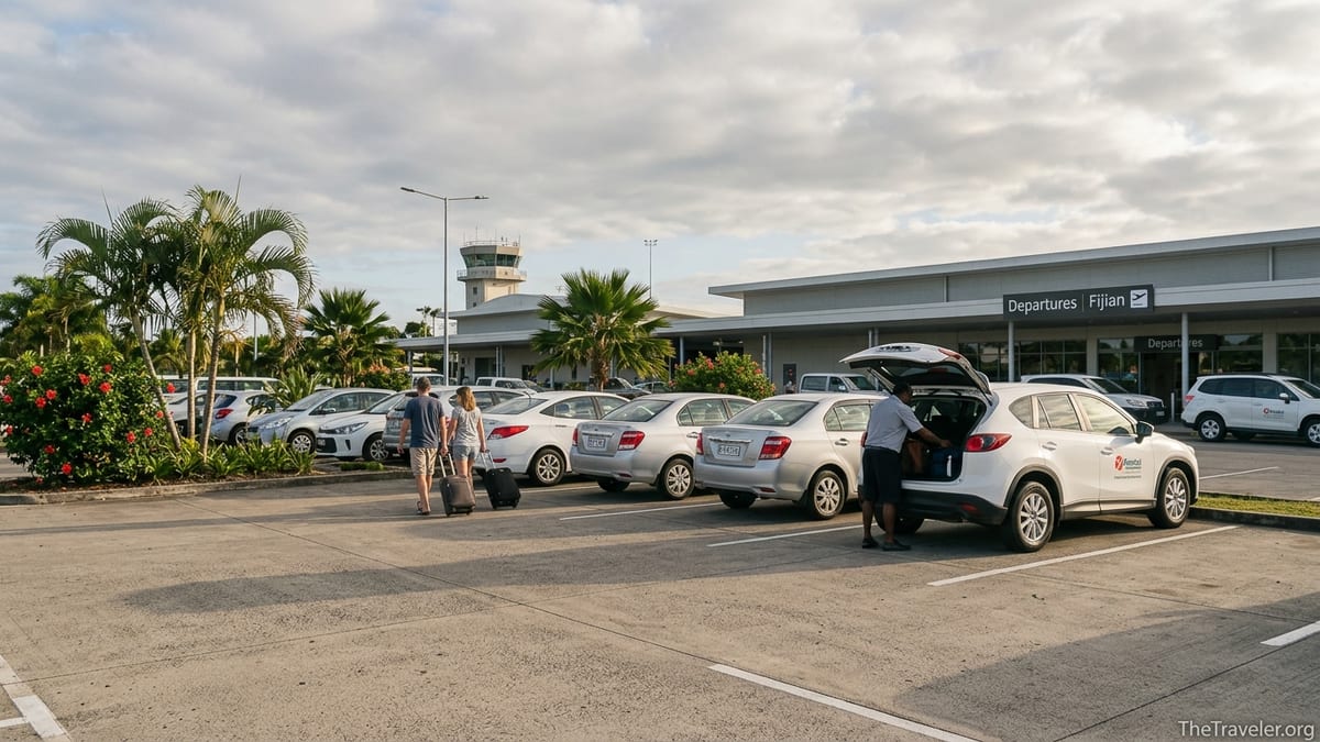 Rental cars outside Nadi International Airport with travelers loading luggage at sunrise.