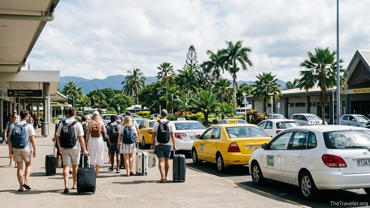 Travelers with luggage outside Nadi Airport walking toward taxis and tropical hills in Fiji.
