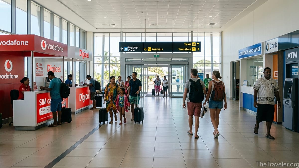 Arriving passengers at Nadi International Airport using SIM card and currency exchange counters.