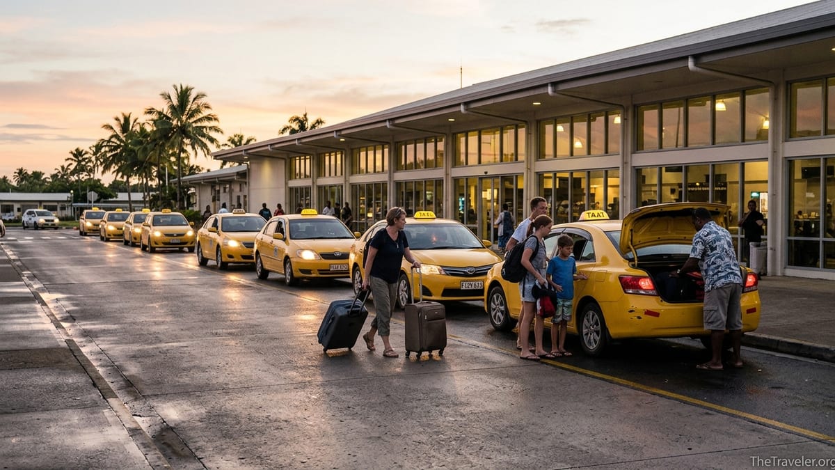 Yellow taxis waiting at the official rank outside Nadi International Airport at sunset