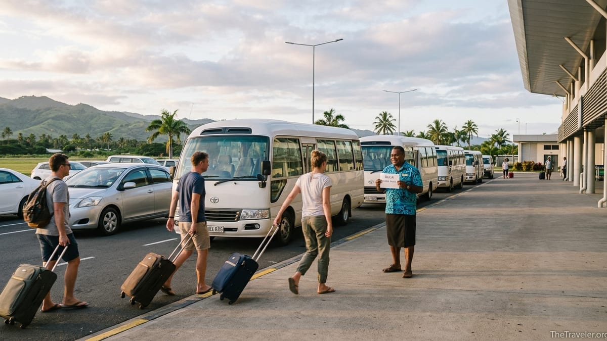 Travelers outside Nadi International Airport walking toward waiting minibuses and cars under soft morning light.