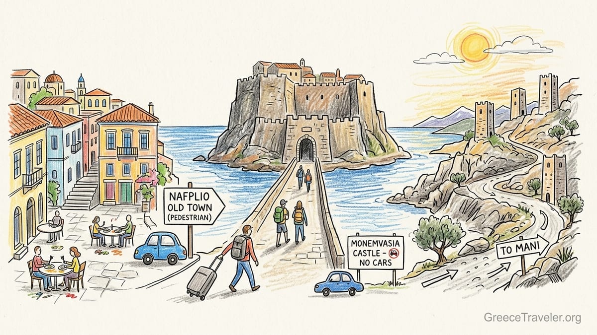 Nafplio streets, Monemvasia causeway and Mani stone landscape in one wide Peloponnese travel scene