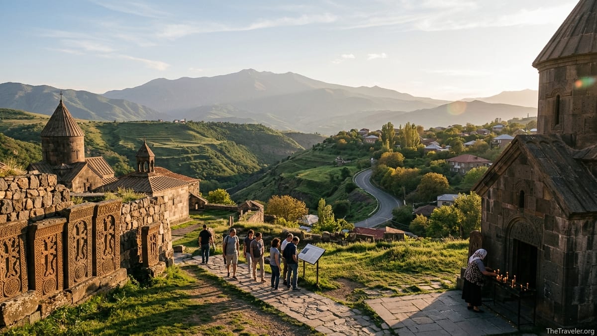 Armenian monastery overlooking a green valley and distant mountains at golden hour.