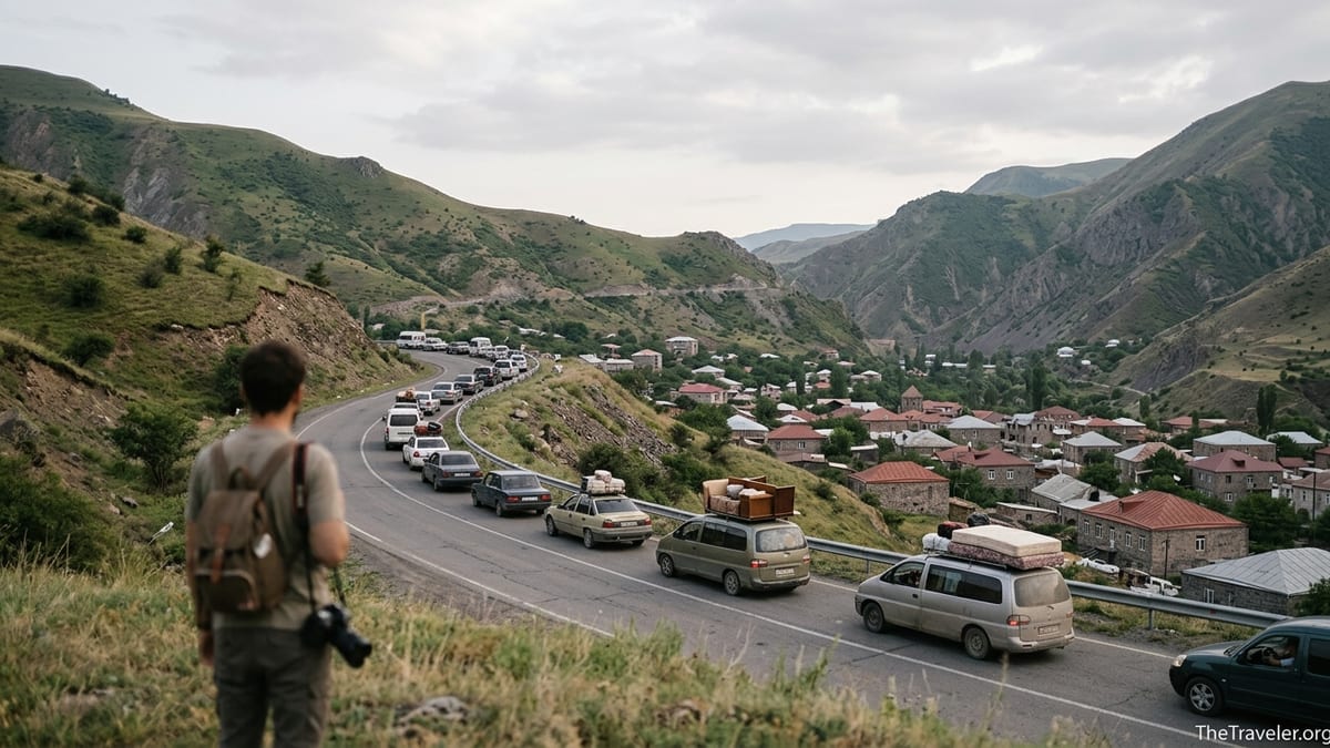 Mountain road near Goris, Armenia, with loaded cars heading toward the Nagorno Karabakh border at dusk.