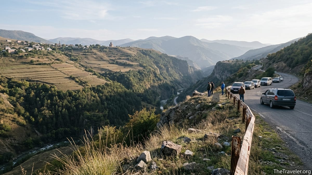 Mountain road overlooking valleys and distant village near the former Nagorno Karabakh region.